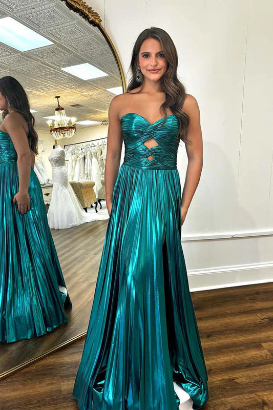 Strapless pleated metal ball skirt with keyhole, long skirt with side slit