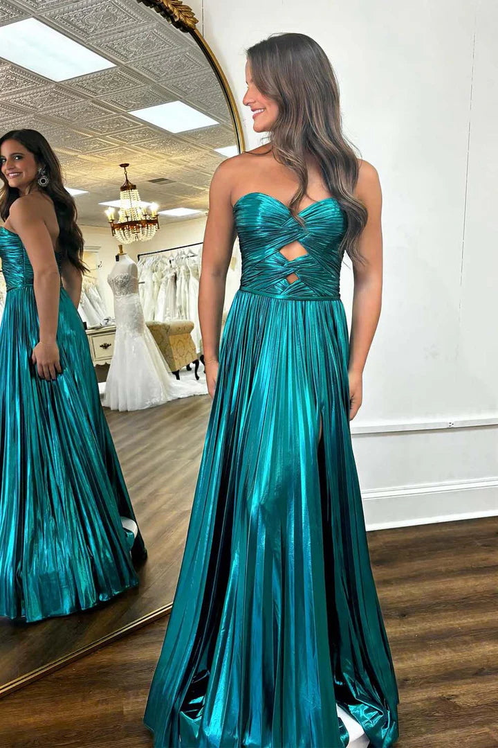 Strapless pleated metal ball skirt with keyhole, long skirt with side slit