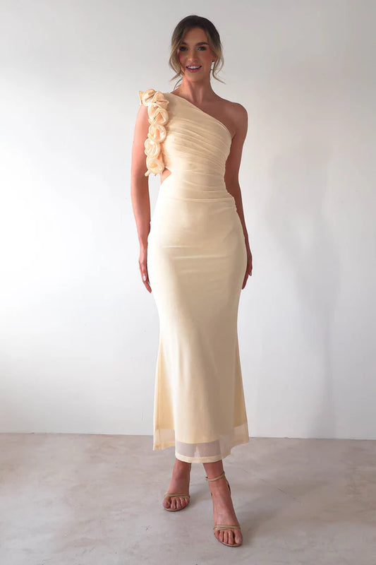 Single shoulder strap tight waist cinching dress with three-dimensional lace