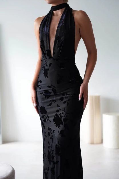 Deep V-neck backless tight fitting dress with print