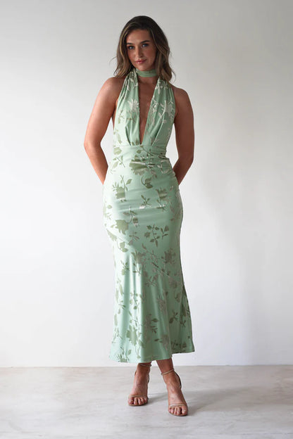 Deep V-neck backless tight fitting dress with print