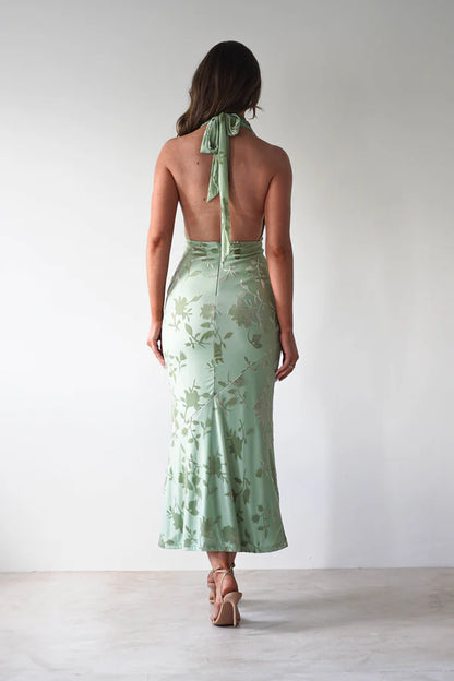 Deep V-neck backless tight fitting dress with print