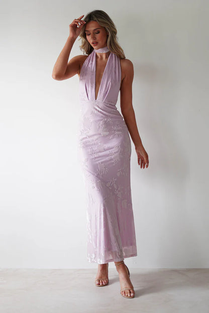 Deep V-neck backless tight fitting dress with print