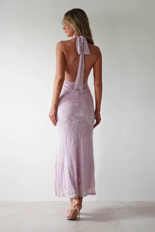 Deep V-neck backless tight fitting dress with print