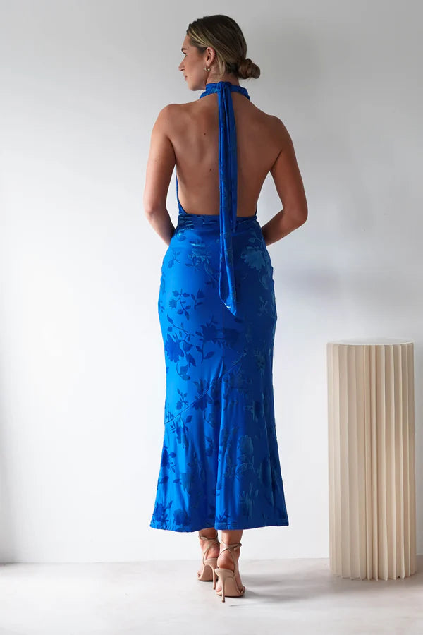 Deep V-neck backless tight fitting dress with print