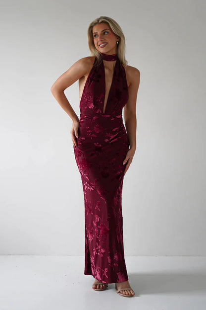 Deep V-neck backless tight fitting dress with print
