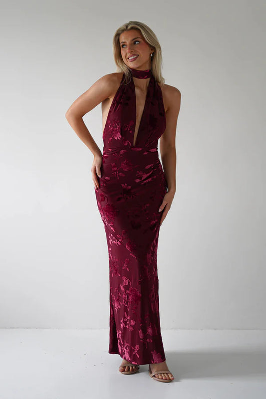Deep V-neck backless tight fitting dress with print