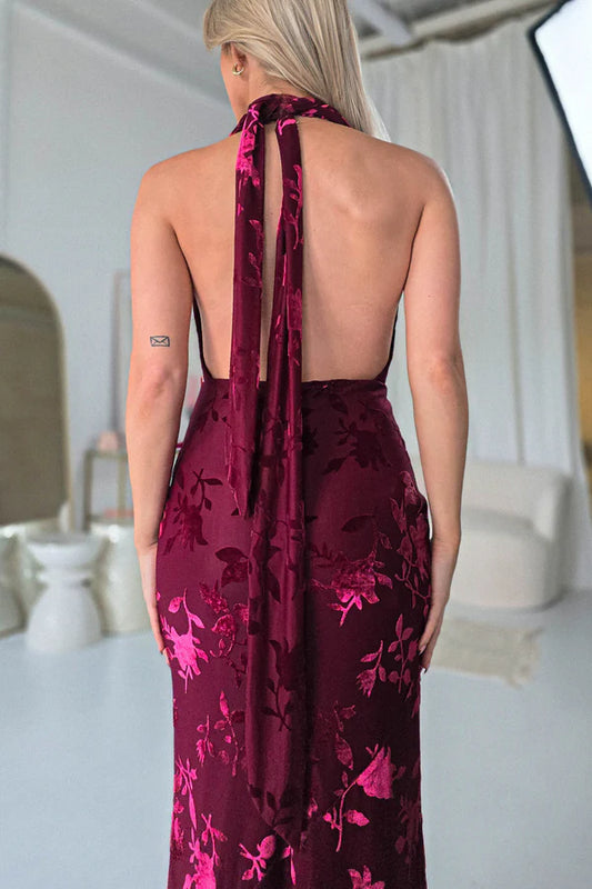 Deep V-neck backless tight fitting dress with print