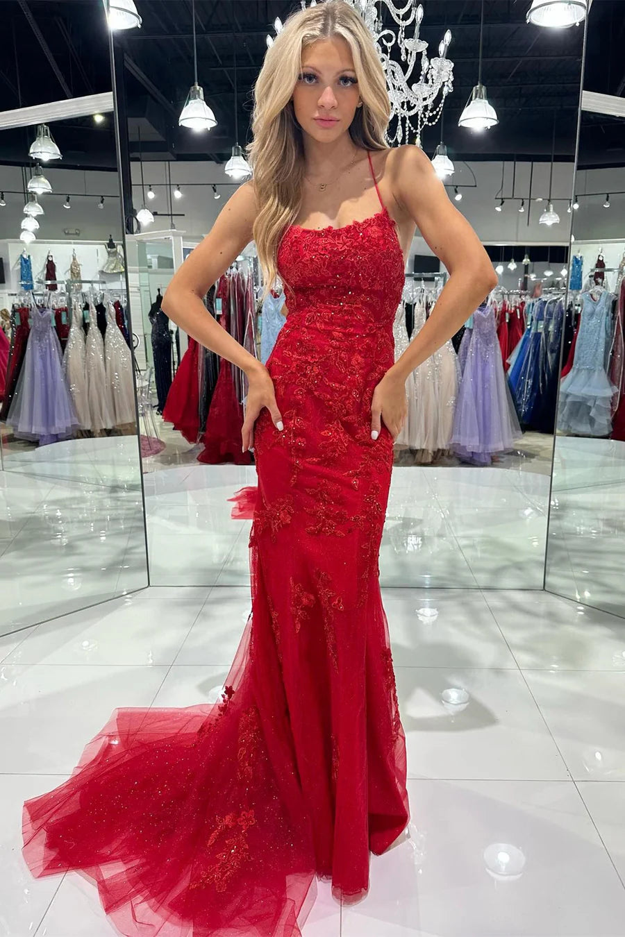 Chiffon appliqu é large round neck tied mermaid long skirt