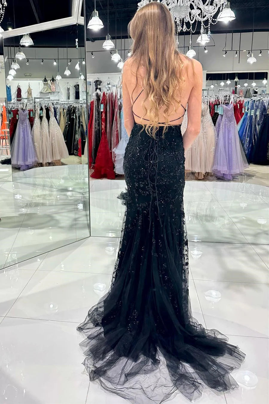 Chiffon appliqu é large round neck tied mermaid long skirt