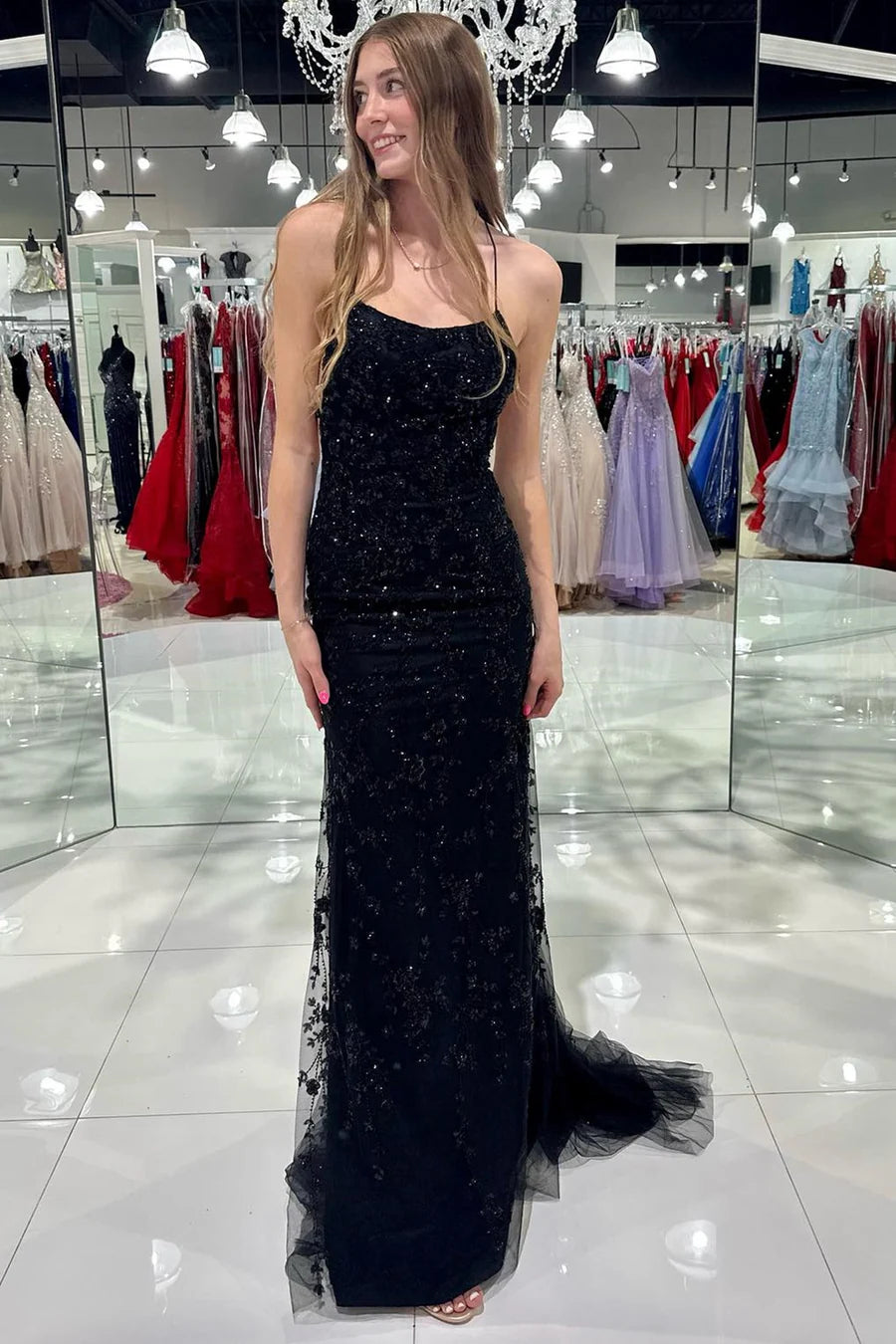 Chiffon appliqu é large round neck tied mermaid long skirt