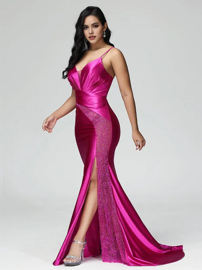 trendy Satin Spaghetti Straps Lace Up Prom Dress With Slit Mermaid  Plunging V - Neck Lace Accents and With Slit
