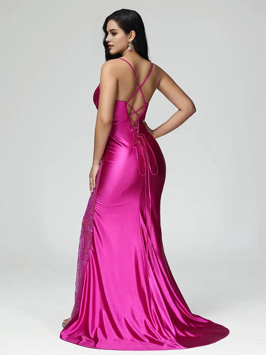 trendy Satin Spaghetti Straps Lace Up Prom Dress With Slit Mermaid  Plunging V - Neck Lace Accents and With Slit