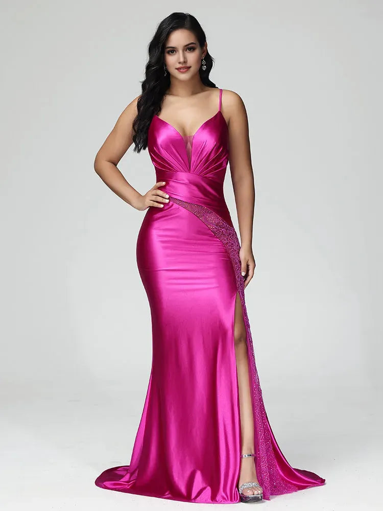 trendy Satin Spaghetti Straps Lace Up Prom Dress With Slit Mermaid  Plunging V - Neck Lace Accents and With Slit