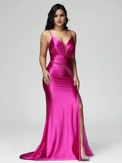 trendy Satin Spaghetti Straps Lace Up Prom Dress With Slit Mermaid  Plunging V - Neck Lace Accents and With Slit