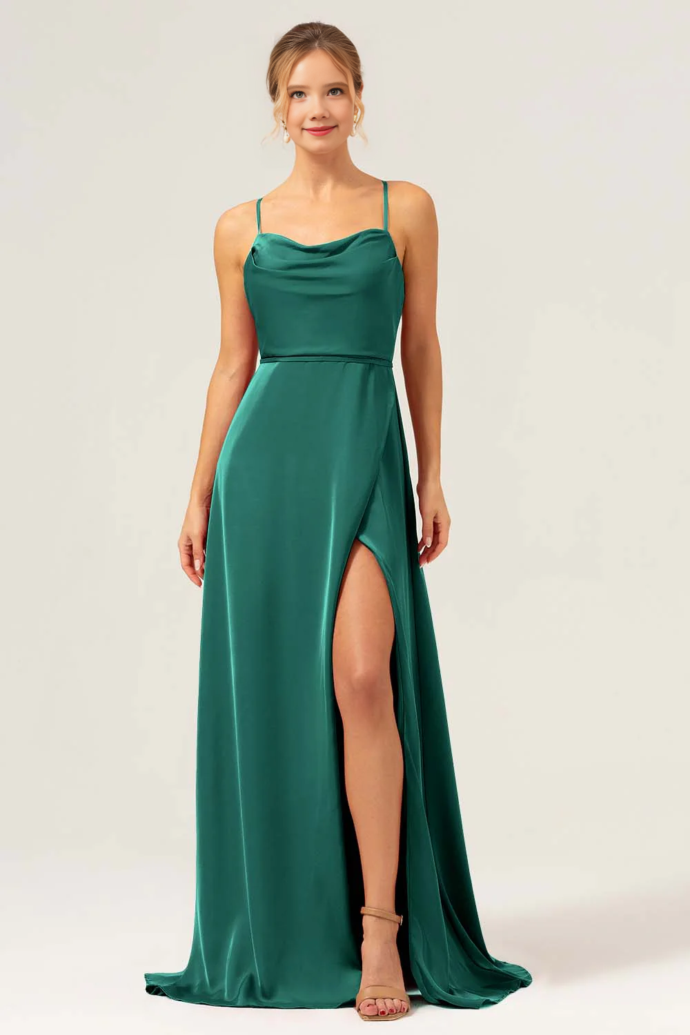 A-line high neck long satin bridesmaid dress with exposed shoulder straps and split ends