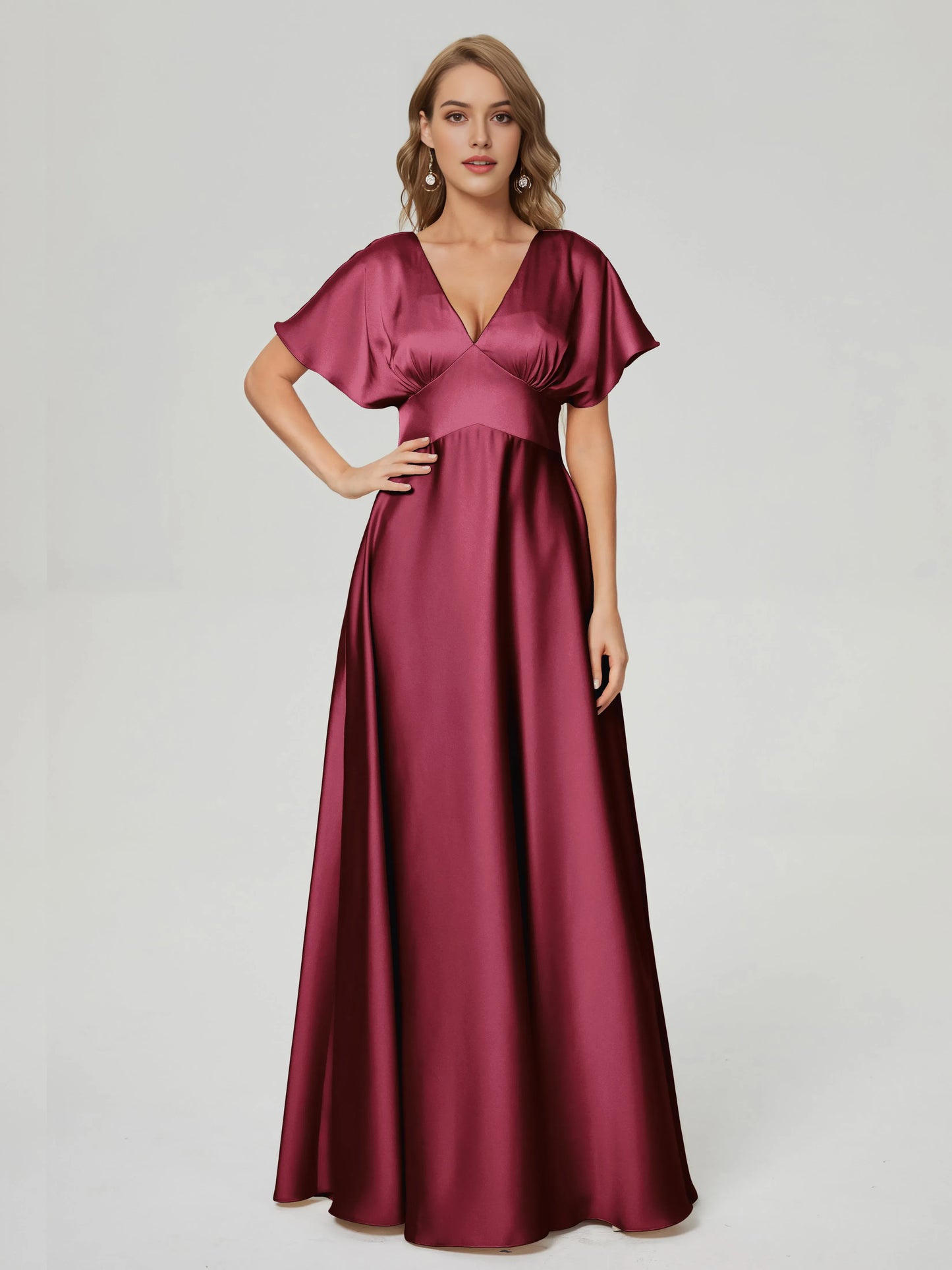 Elegant Burgundy V-neck Short Sleeves Satin Prom Dress  with Flutter Sleeves Deep and Flowy Skirt