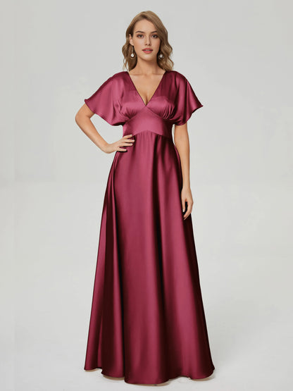 Elegant Burgundy V-neck Short Sleeves Satin Prom Dress  with Flutter Sleeves Deep and Flowy Skirt