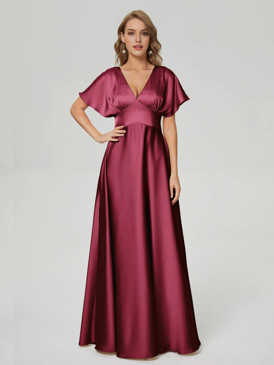 Elegant Burgundy V-neck Short Sleeves Satin Prom Dress  with Flutter Sleeves Deep and Flowy Skirt