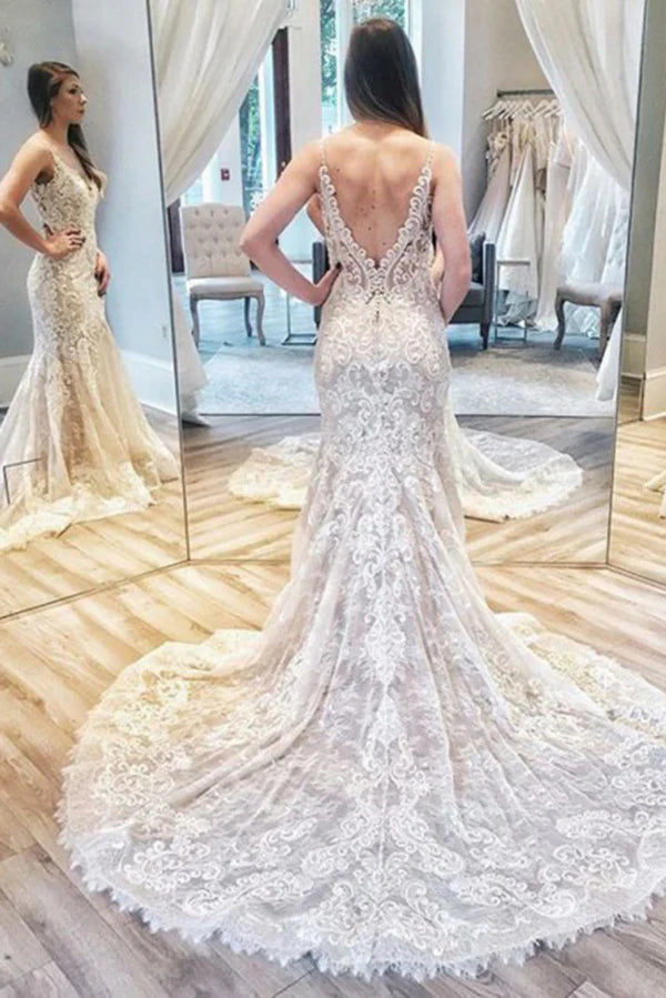 Charming thin suspender V-back lace wedding dress