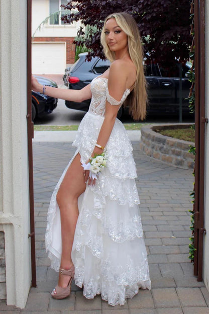 V-neck white slit pleated ball dress with sequined floor length skirt