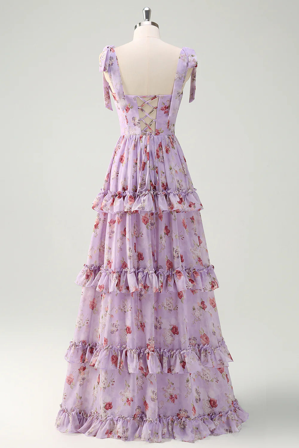 Grey Purple A Line Print Floral Lace Up Back Tiered Long Bridesmaid Dress with Slit