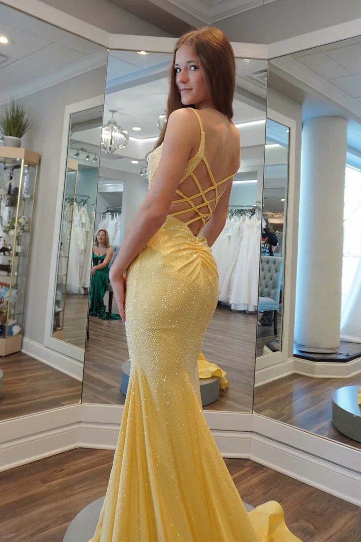 Yellow deep v backless beaded ball dress floor length skirt