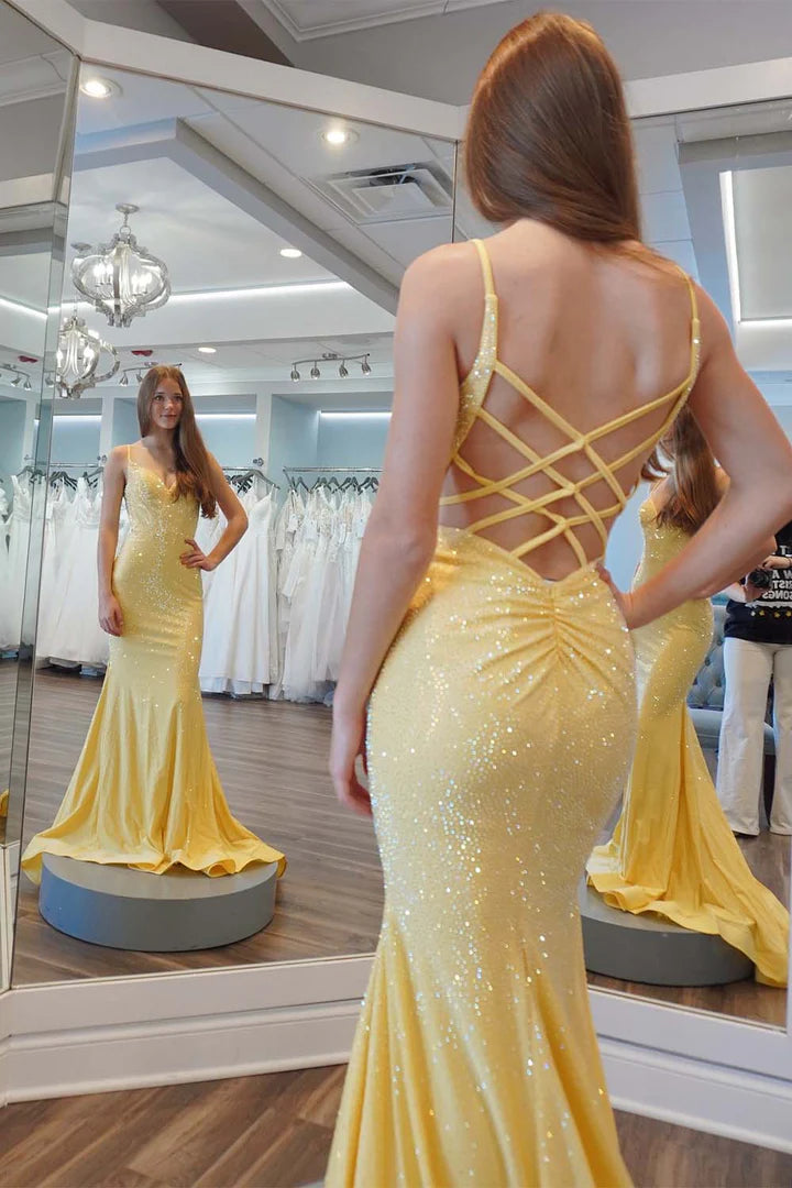 Yellow deep v backless beaded ball dress floor length skirt