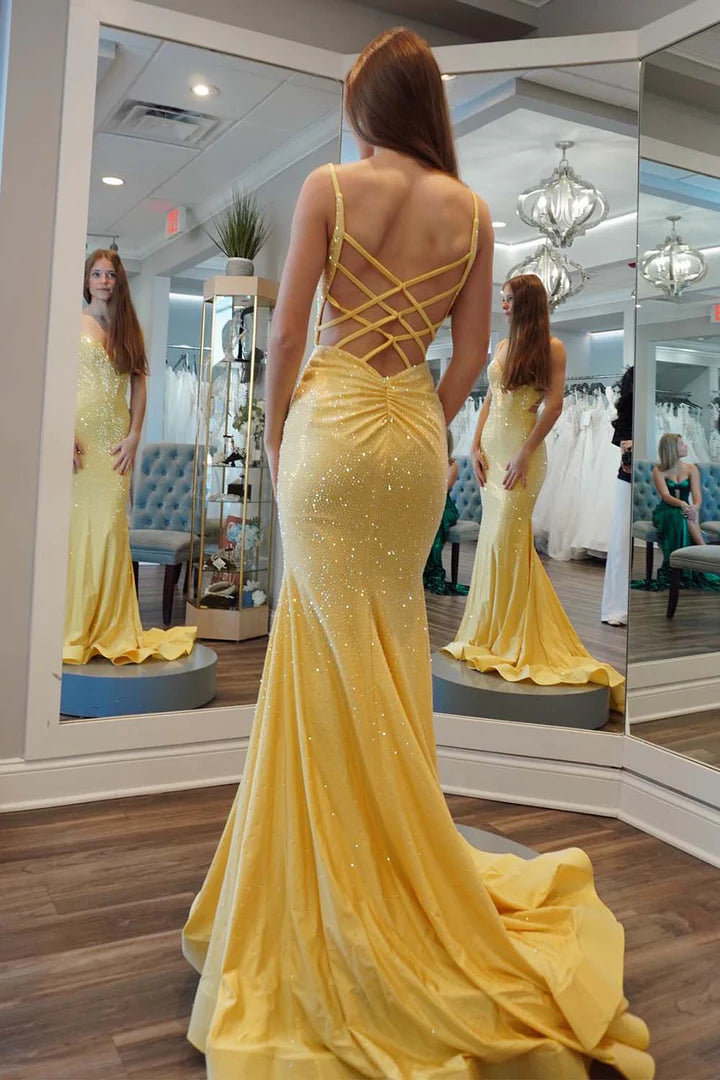 Yellow deep v backless beaded ball dress floor length skirt