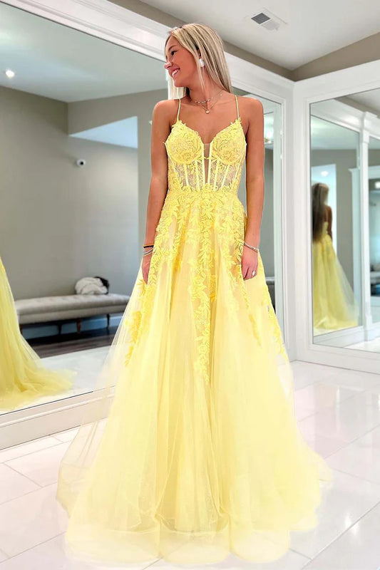 A-line deep V-thin suspender yellow tight corset dance dress