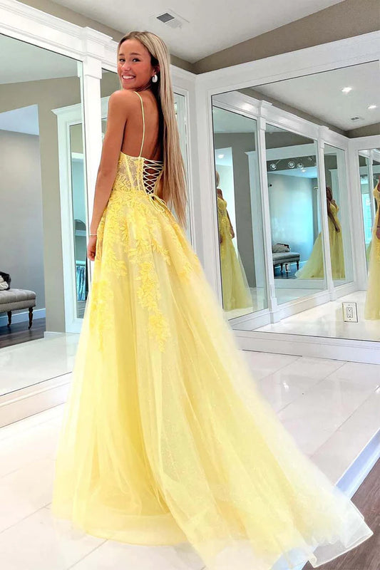 A-line deep V-thin suspender yellow tight corset dance dress