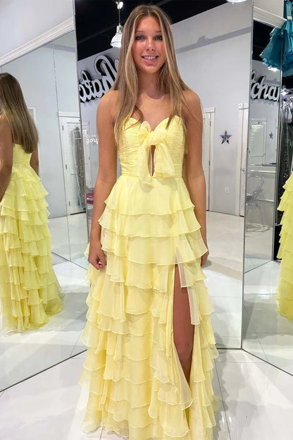 Strapless Yellow Chiffon Cake Skirt Layered Side Split Ball Dress