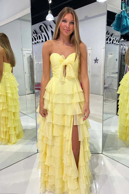 Strapless Yellow Chiffon Cake Skirt Layered Side Split Ball Dress