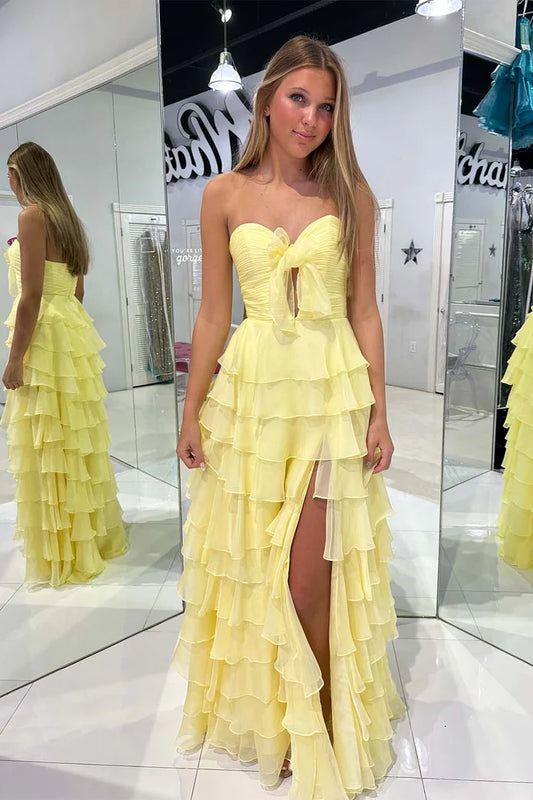 Strapless Yellow Chiffon Cake Skirt Layered Side Split Ball Dress