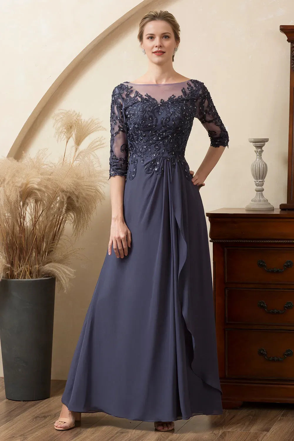 Glitter Grey  A-Line Illusion Neck Lace Beaded Half Sleeve Zip-Back Ankle-Length Mother of the Bride Dress