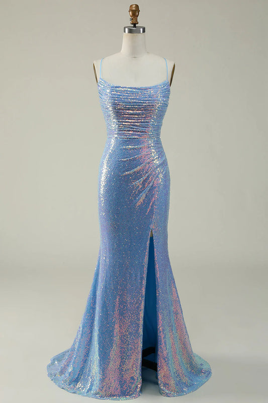 Blue Mermaid Sparkling Thin Strap Mermaid Ball Dress