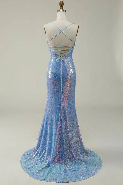 Blue Mermaid Sparkling Thin Strap Mermaid Ball Dress