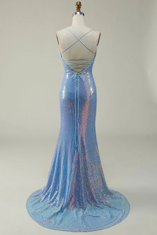 Blue Mermaid Sparkling Thin Strap Mermaid Ball Dress